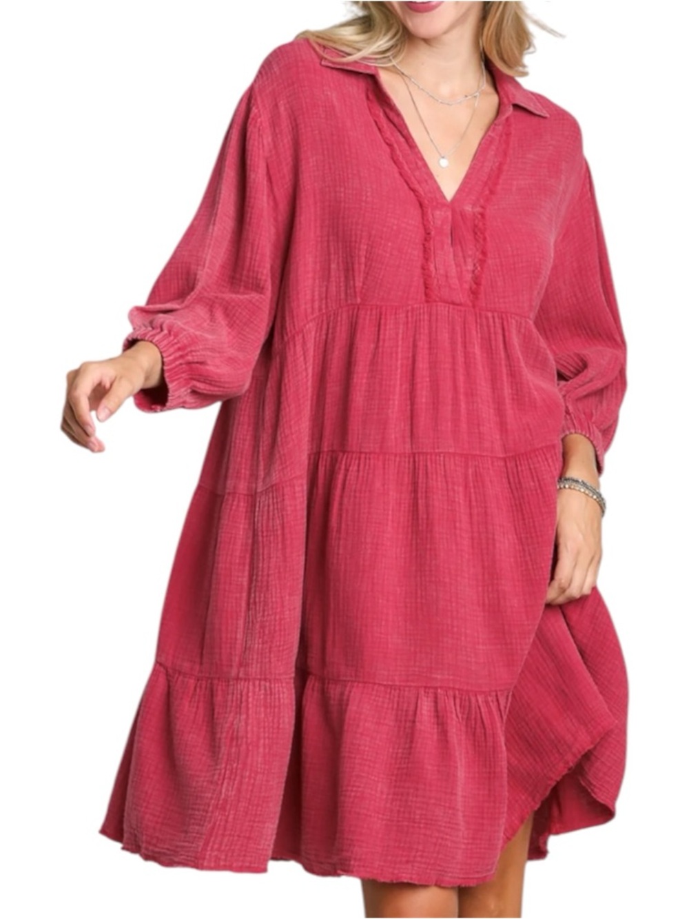 Umgee Boho Washed Dusty Rose Gauze Tiered V-Neck Swing Dress